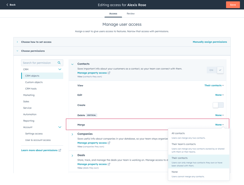 Merge permissions for Contacts, Companies, Deals, Tickets, and Custom Objects