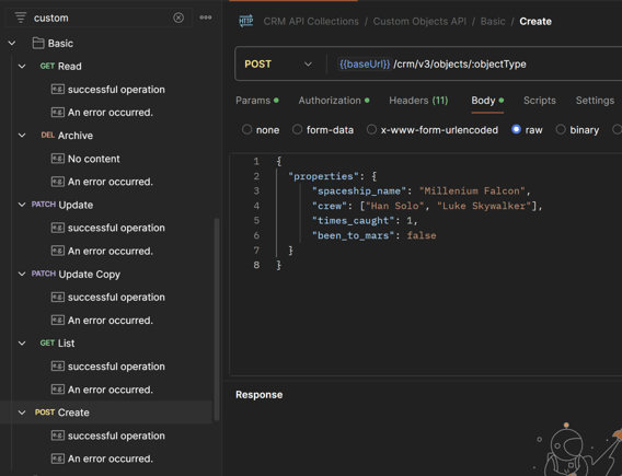 (Screenshot of an example of the HubSpot API Postman workspace)